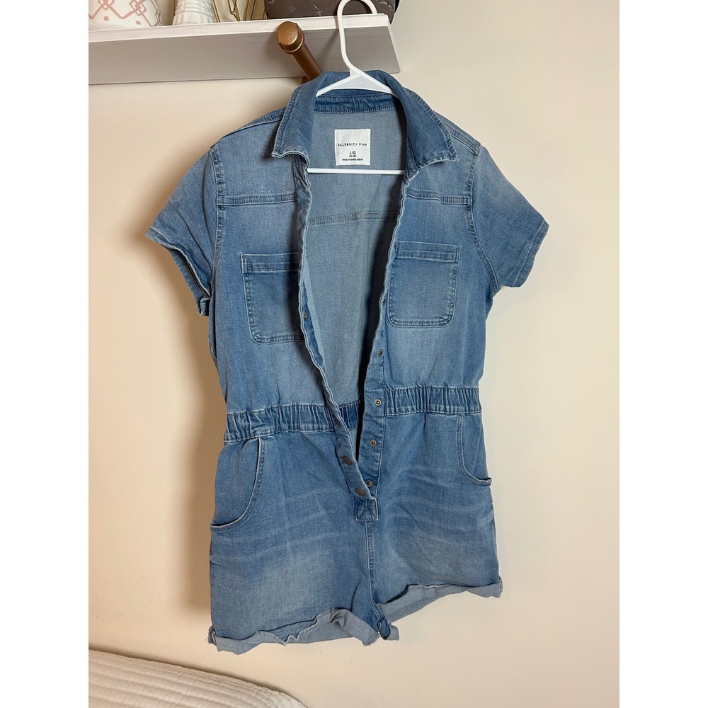 CELEBRITY PINK Denim Chambray Short Romper Utility Style Blue L G - Picture 4 of 6